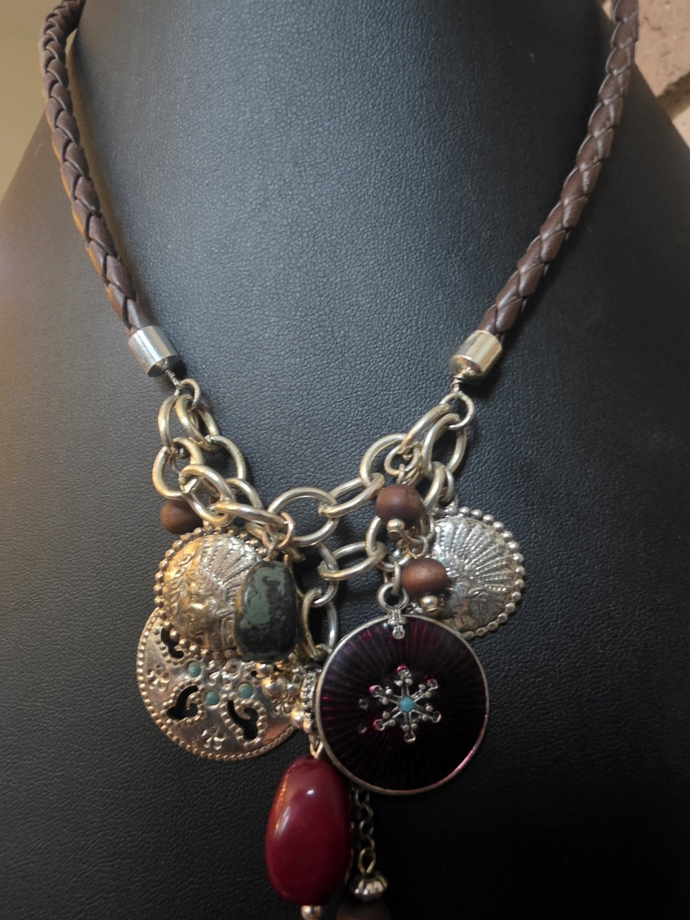 Southwest Leather Braided Coin Charm Necklace